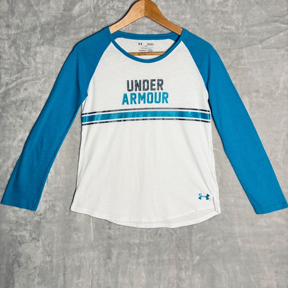 Under Armour Girls HeatGear Raglan Long Sleeve Shirt Blue White Large YLG